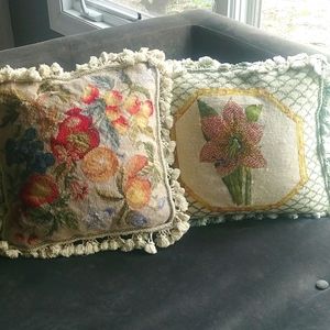 2 Aubusson Wool Needlepoint Pillow Covers Amaryllis& Harvest Fruits Tassels Zip